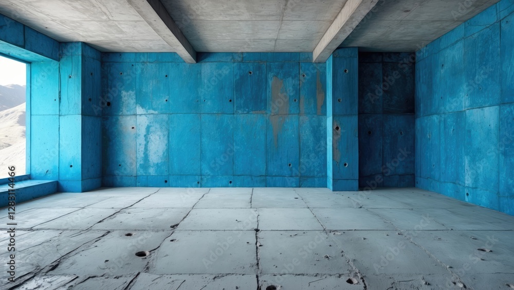 Poster interior view of an empty room with blue textured walls and concrete ceiling featuring large window 