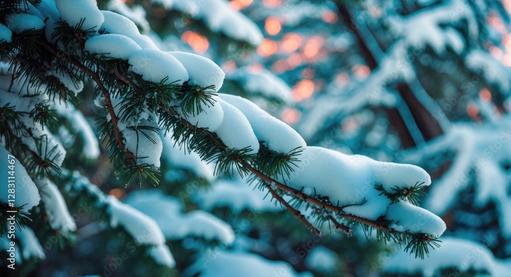 Poster snow-covered evergreen tree branches with soft snow accumulation and blurred background of winter wo