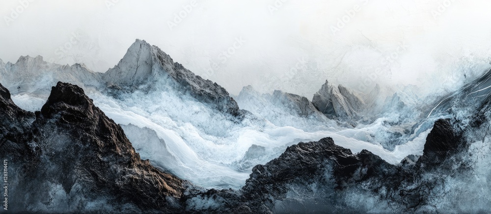 Poster Panoramic landscape showcasing dark rocky mountains with swirling mist and soft white clouds creating a dramatic and ethereal atmosphere.