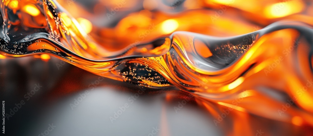 Poster abstract close-up of flowing orange and black liquid, shimmering and reflecting light, showcasing dy