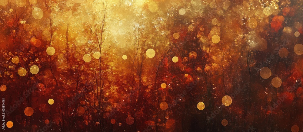Aufkleber golden autumn background featuring blurred yellow leaves illuminated by sunlight, set against a dark