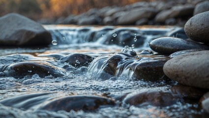 Fototapeta premium Close-up view of smooth river stones with flowing water cascading over them illuminated by warm sunlight in a natural outdoor setting