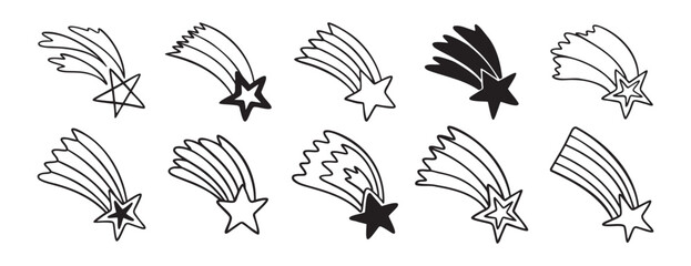 falling stars doodle hand drawn icon set. Outline drawing making a wish falling star line clipart symbol collection