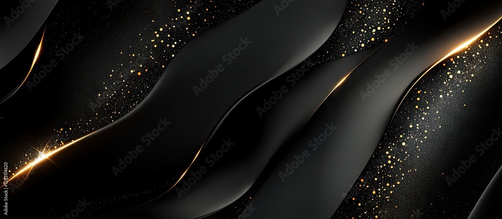 Leinwandbilder Abstract background with dark flowing waves and golden sparkling elements illuminated by black lighting creating a captivating visual effect.