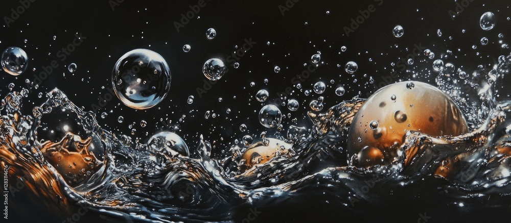 Poster droplets and bubbles on a dark background showcasing fluid water elements with reflections of golden