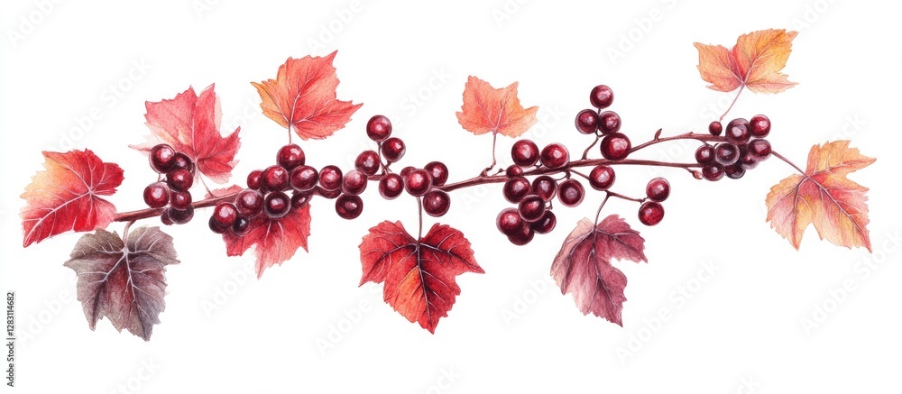 Poster Vibrant autumn grapevine branch with red wild grapes and colorful fall leaves on a white background creating a seasonal focal point.