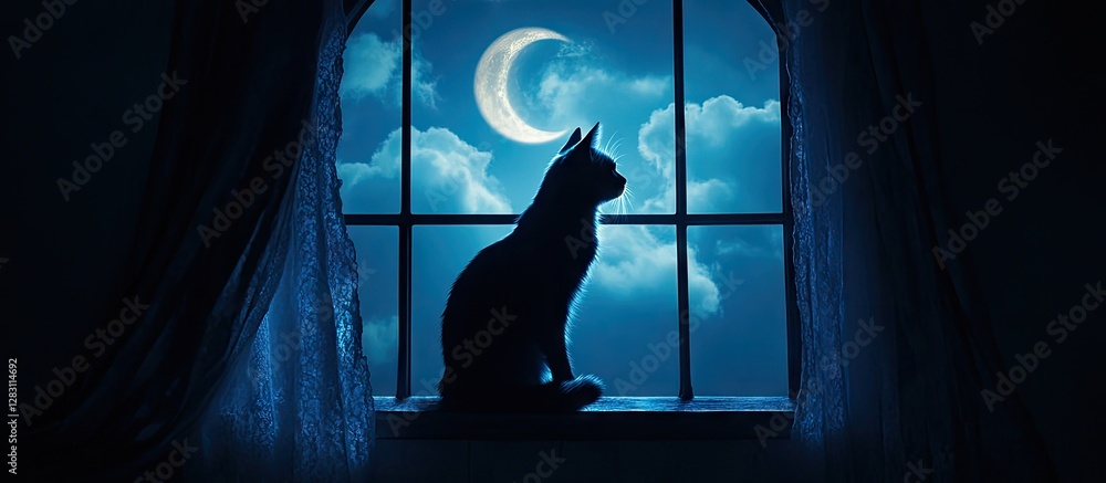 Poster Silhouette of a black cat sitting on a windowsill with a crescent moon and cloudy blue sky in the background, creating a mystical night scene.