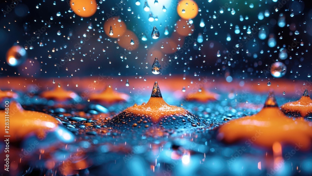 Poster close-up of water droplets splashing on an orange surface with a blurred blue background creating a 
