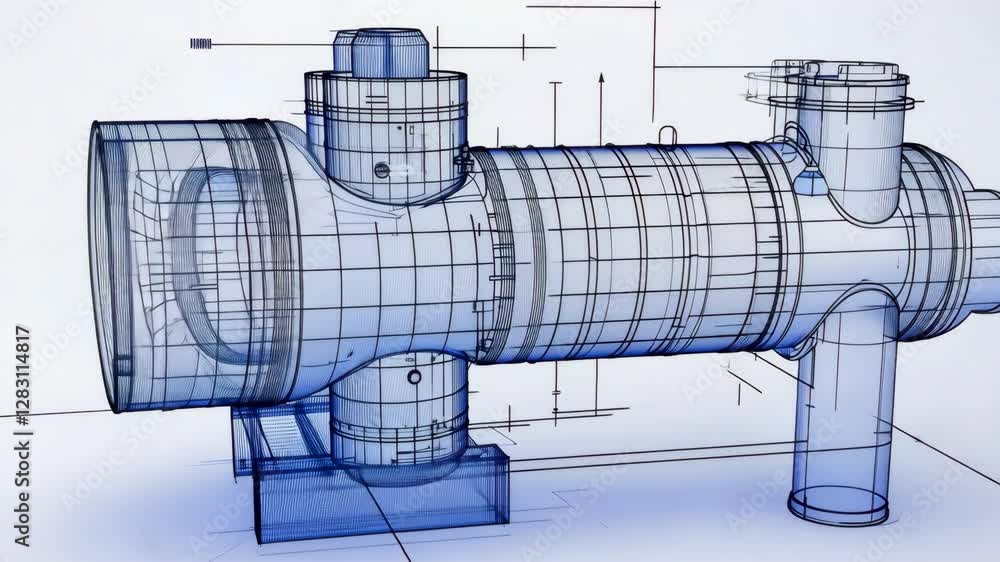 Poster technical blueprint of industrial machine detailed schematic design showcasing cylindrical structure