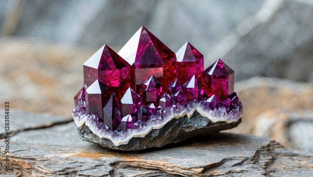 Poster cluster of deep red colored crystals on rough stone surface with blurred background showcasing geolo
