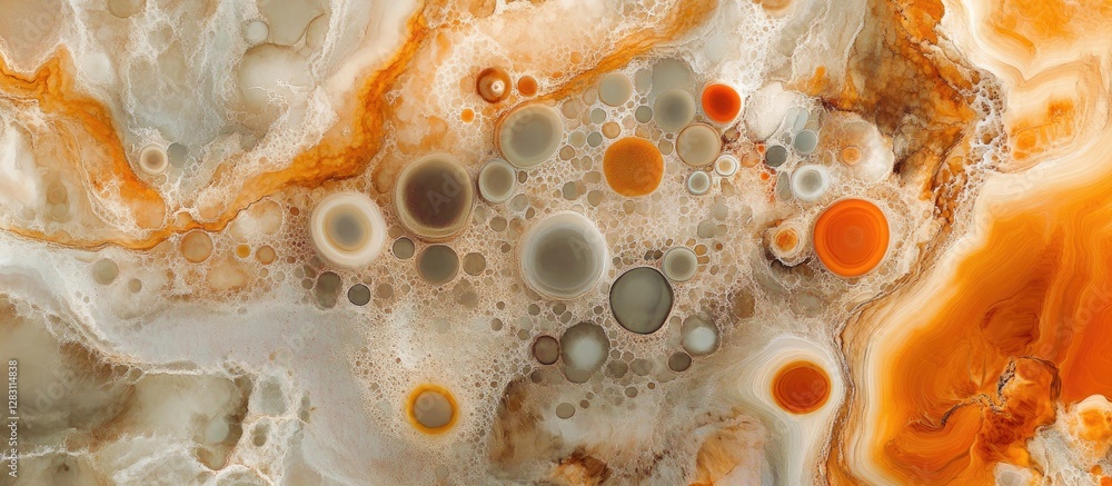 Fototapete Abstract natural stone texture featuring circular patterns in shades of orange, gray, and cream, creatively arranged with varying sizes and translucency.