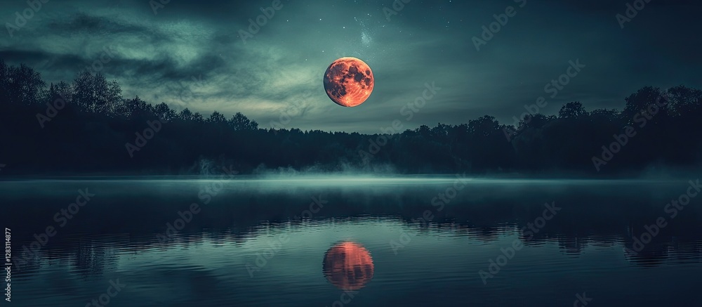 Poster majestic night sky with a large red moon reflecting on a calm lake, surrounded by dark trees under a