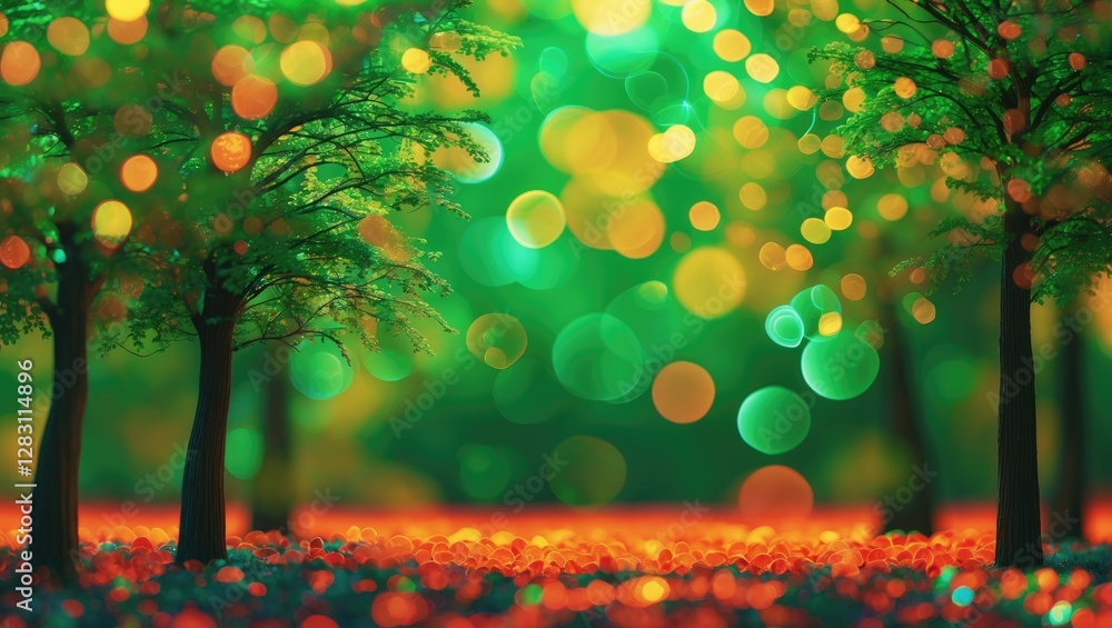 Poster autumn forest landscape with vibrant bokeh background featuring green trees and colorful foliage in 