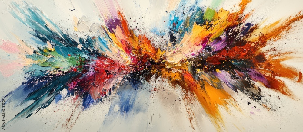 Poster dynamic abstract artwork featuring vibrant splashes of blue, red, and orange on a light background, 