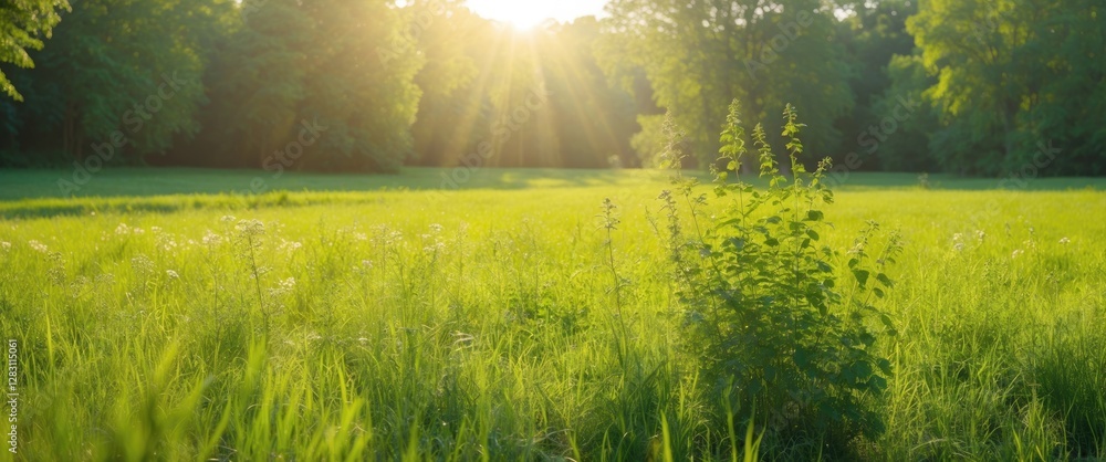 Poster sunlit green meadow with lush grass and trees in the background during golden hour with soft sunligh