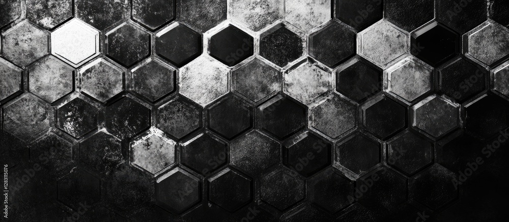 Poster Monochrome hexagonal pattern background featuring varying shades of black and white with a textured appearance emphasizing minimalism and elegance.