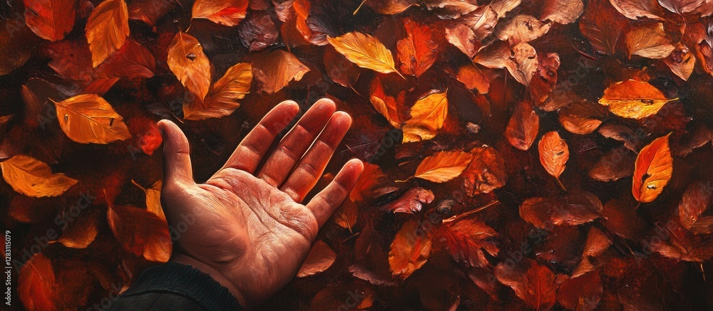 Aufkleber hand reaching out towards a vibrant backdrop of orange and red autumn leaves creating a warm natural