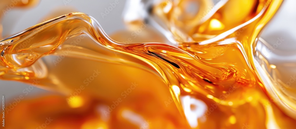 Poster golden amber liquid flowing smoothly with glossy texture on a soft white background, highlighting a 
