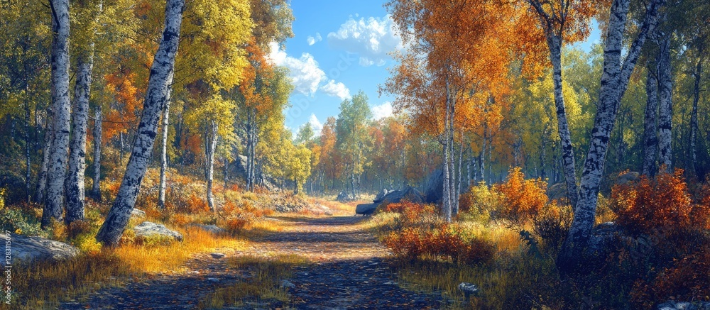 Aufkleber vibrant autumn forest landscape featuring a panoramic view of golden and orange trees under a blue s