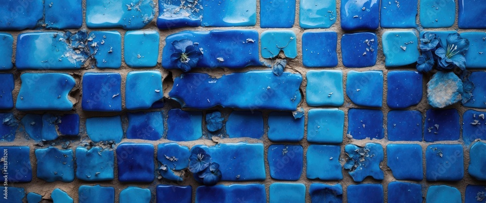 Poster textured blue tile mosaic with chipped and worn surfaces highlighting various shades of blue and une
