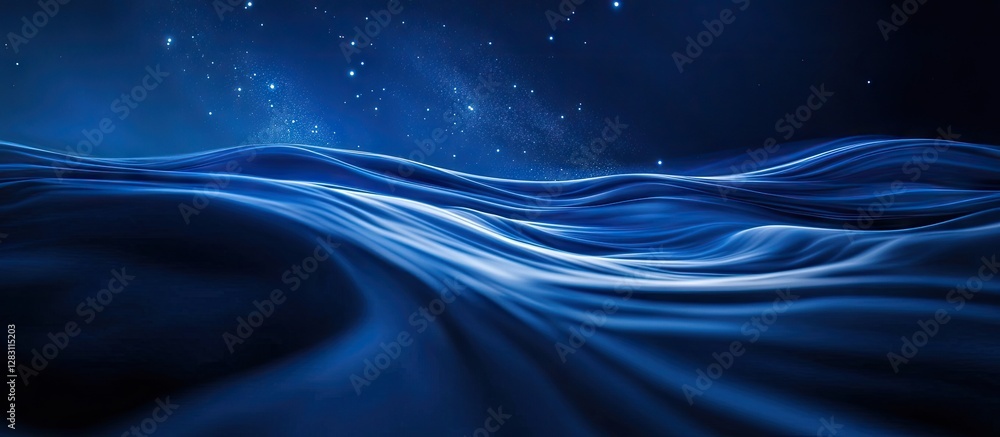 Fototapete deep blue abstract waves flowing through a starry night sky with subtle light reflections creating a