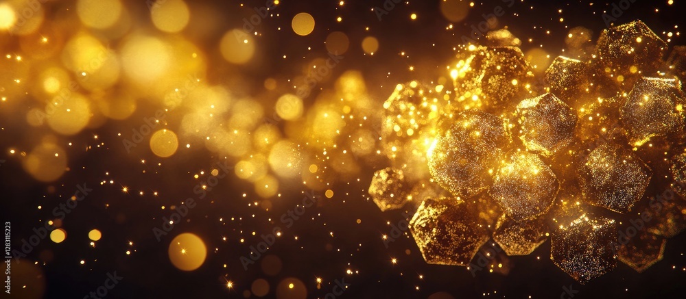 Poster golden shimmering particles and hexagonal shapes on a dark background, creating a luminous, sparklin