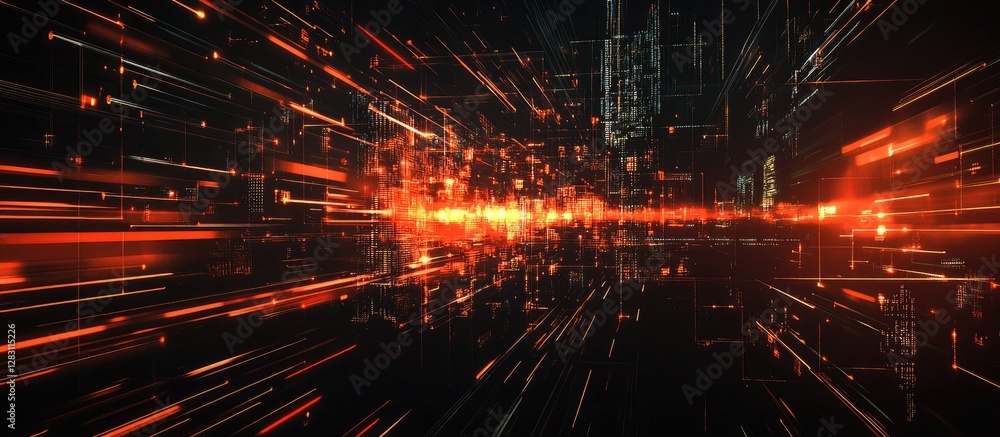 Poster dynamic abstract illustration of orange light streaks radiating from a central point against a dark 