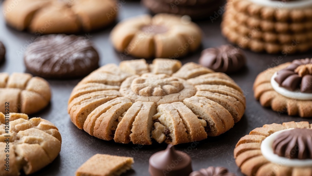 Poster assorted freshly baked cookies with various shapes and textures on a dark surface.