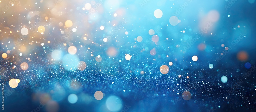 Poster soft blue and gold bokeh background with a gradient of vibrant blues and warm golden hues scattered 