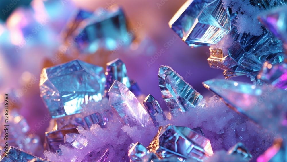 Poster colorful crystalline formations with sharp edges and textures on a mineral surface illuminated by so