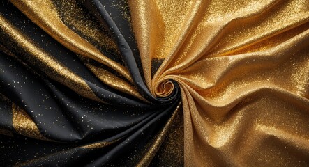 Black and gold glitter fabric texture swirling in a spiral pattern luxury textile background