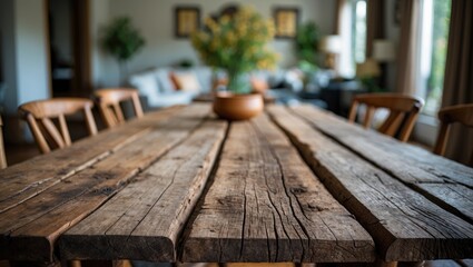 Fototapeta premium Rustic wooden dining table with textured planks and a vase in a cozy interior setting with natural light and blurred background.