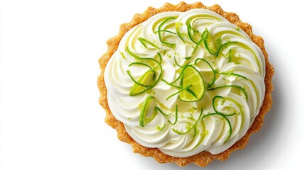 Close-up top-down shot of a homemade Key Lime Pie with fresh whipped cream swirls, golden crust, and vibrant lime zest garnish, isolated on white.