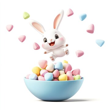 A cheerful bunny jumping over a colorful bowl of heart-shaped candies.