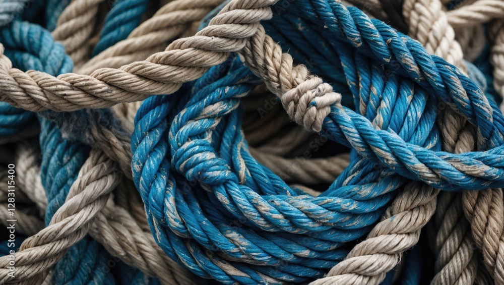 Poster close-up of intertwined blue and beige ropes creating a complex textured pattern in natural lighting