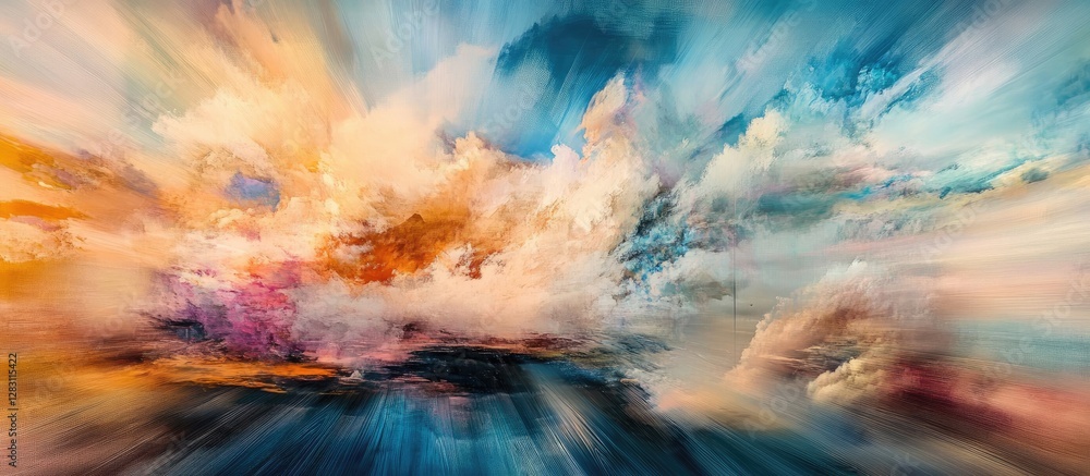 Poster abstract backdrop of distorted clouds in vibrant oranges, blues, and whites, creating a dynamic blur