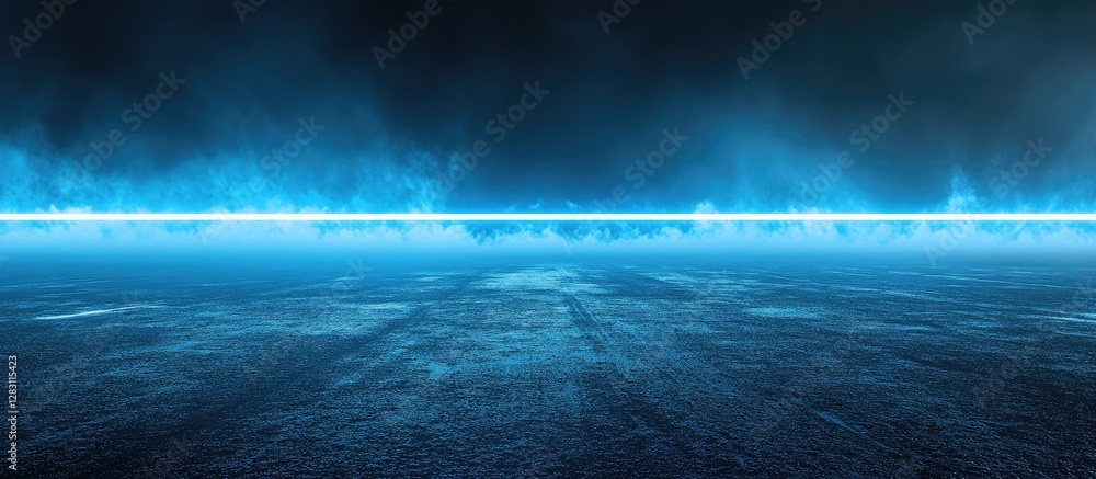 Poster blue neon light across a dark foggy landscape with a smooth reflective surface, creating a futuristi