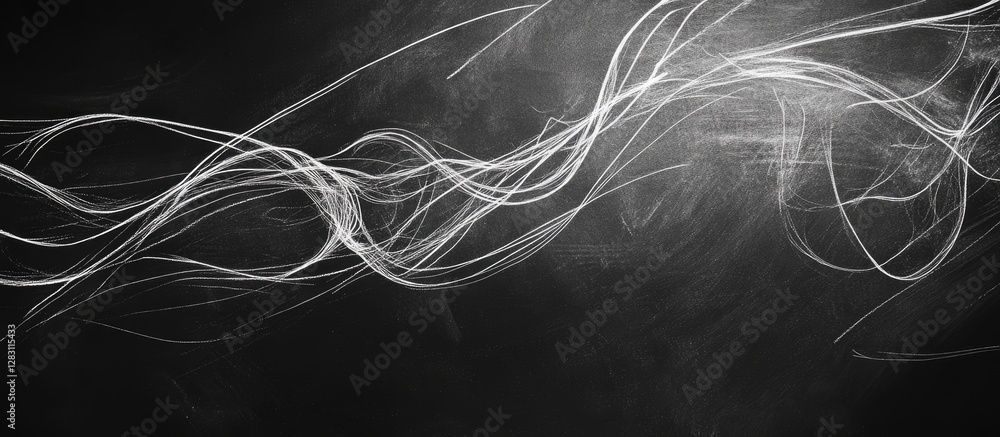 Fototapete Chalkboard texture with swirling white chalk lines on a dark surface creating a dynamic abstract background in black and white tones.