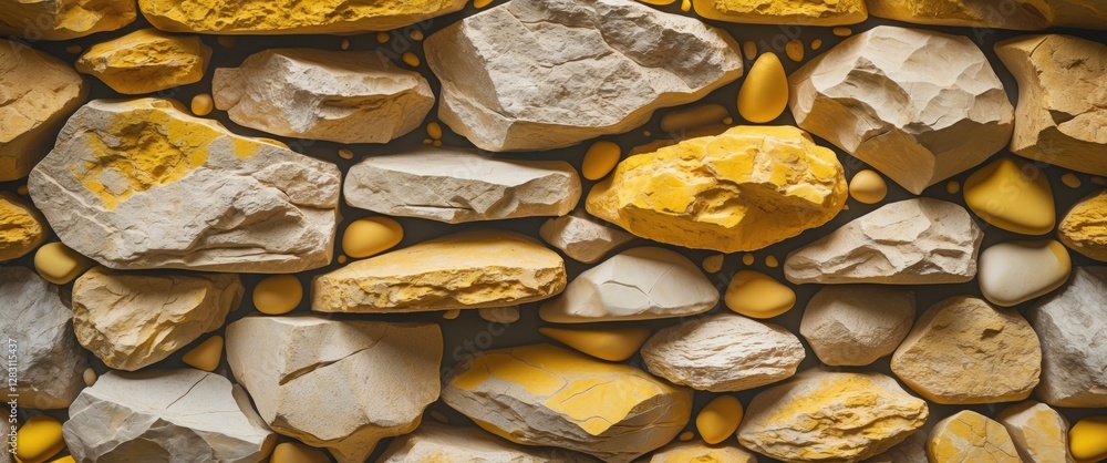 Poster textured wall made of various sized yellow and gray stones arranged in a pattern for background or a