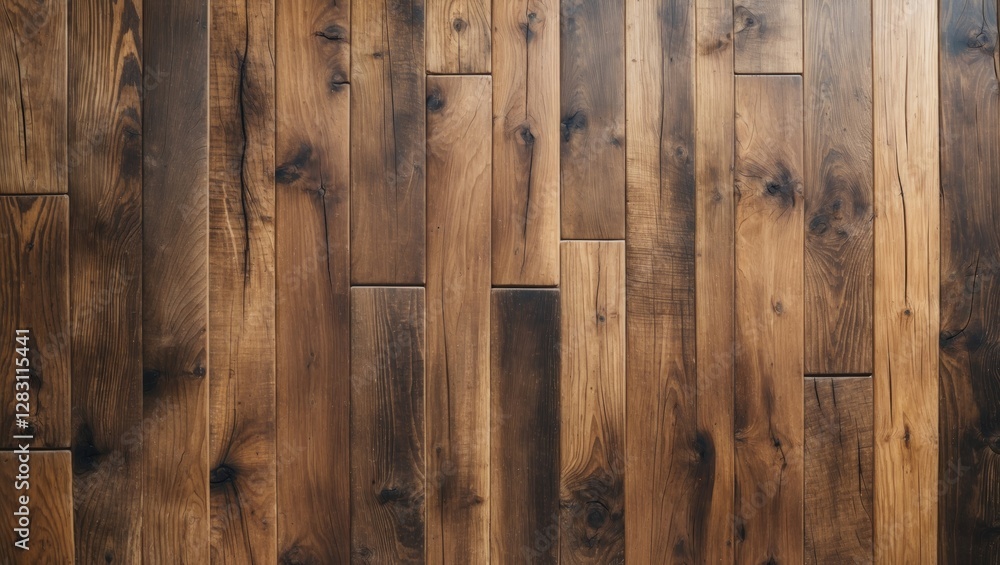 Poster dark stained wooden floor texture with varying grain patterns and color tones in natural light.