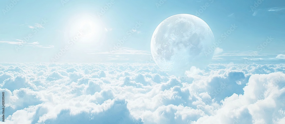 Aufkleber serene lunar panorama with a glowing full moon in a bright blue sky filled with soft white clouds, c
