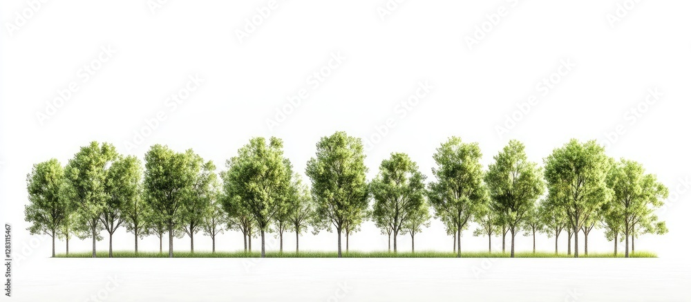 Aufkleber row of lush green trees with vibrant foliage standing isolated against a bright white background cre