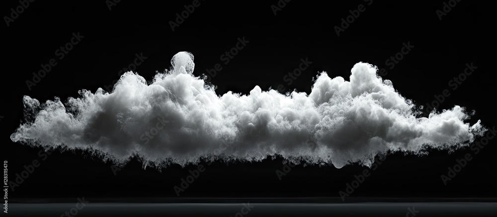 Poster Fluffy white cloud floating against a dark background, showcasing soft textures and gradients with a smooth shadow on the ground below.