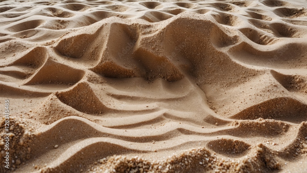 Poster sand dune texture with ripples and patterns in warm tones under natural lighting. close-up view of s