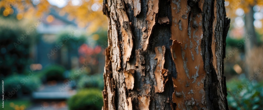 Poster close-up of textured tree bark in a garden during autumn with blurred background foliage and pathway