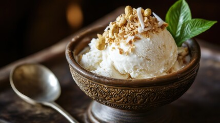Coconut milk ice cream served in a traditional Thai earthenware bowl, garnished with peanuts and fresh coconut shavings