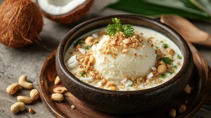 Coconut milk ice cream served in a traditional Thai earthenware bowl, garnished with peanuts and fresh coconut shavings