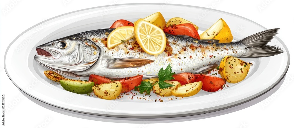 Poster grilled whole fish garnished with lemon slices on a white plate surrounded by colorful tomatoes and 