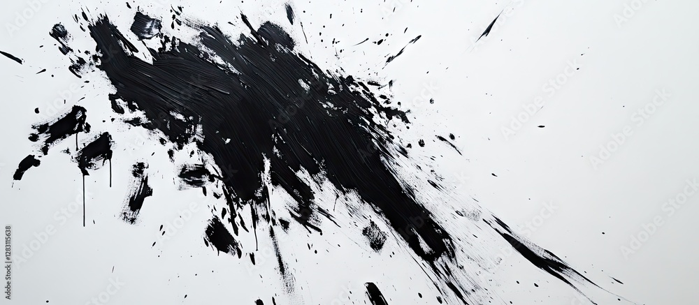 Aufkleber abstract art composition features bold black brushstrokes with dynamic splashes on a clean white bac