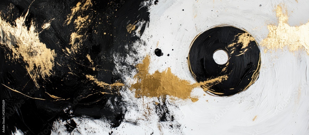 Poster abstract artwork in black white and gold showcasing dynamic brushstrokes with rich texture and depth
